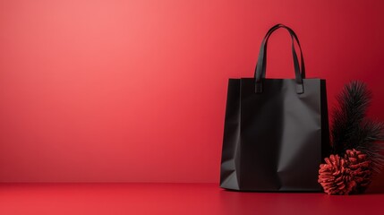 A stylish black shopping bag is elegantly placed with a red pine cone and lush greens beside it, creating a chic and modern seasonal decor representation.