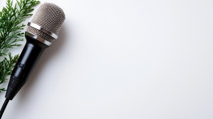 This image showcases a microphone positioned beside a green plant against a minimalistic white background, emphasizing audio and nature in harmony for creative projects.