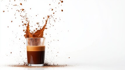A dynamic moment captured of coffee splashing dramatically from a glass, showcasing the energetic and vibrant essence of this beloved beverage.
