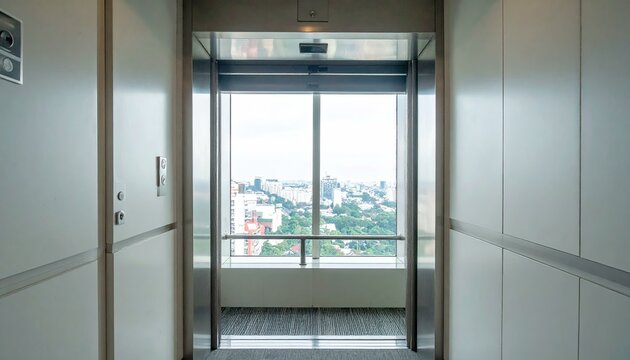 Modern elevator with a cityscape view. Perfect for travel, architecture, and city life concepts.