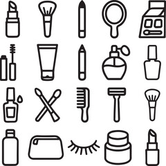 Beauty and Cosmetic Tools Line Art Icon Set Silhouette Vector Illustration. 