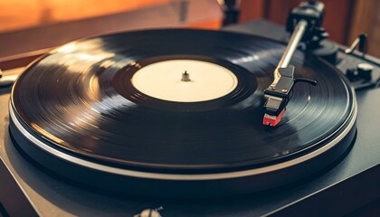 Close-up of a vinyl record spinning on a turntable.  The needle is visible, capturing the moment of music playback.