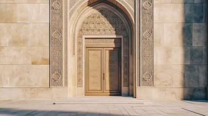 Obraz premium Ornate doorway of a beige stone building, with intricate Islamic-style details and a warm sunlight cast shadow.