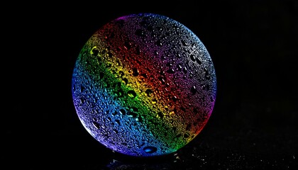Vibrant rainbow sphere with water droplets, dark background.  Perfect for abstract, artistic, and design projects.