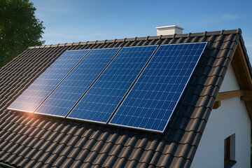 Obraz premium Solar Panels on a Residential Roof Generating Clean Energy
