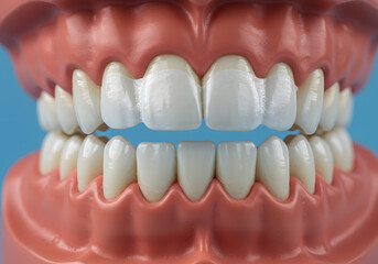 Obraz premium Close-up Detailed View of Artificial Teeth Model with Porcelain Veneers: Dental Aesthetics and Restoration