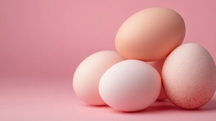 Fototapeta premium This minimalistic image of softly colored eggs placed together creates a serene and gentle atmosphere, perfect for evoking feelings of spring, renewal, and tranquility in any decor.