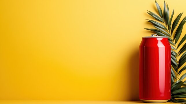 A bright red drink can partially hidden behind tropical leaves, set against a vibrant yellow backdrop, creates a fun and refreshing visual ideal for summer-themed products.