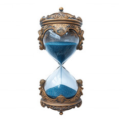 Vintage hourglass sand timer with blue sand antique time management decor on transparent background