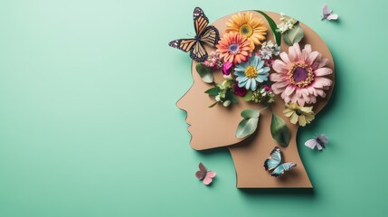Artistic paper cutout of a woman's profile with colorful flowers and butterflies on a pastel green background for mental health and nature connection themes
