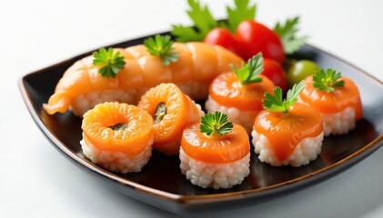 Variety of Japanese appetizers on white background, healthy, asia