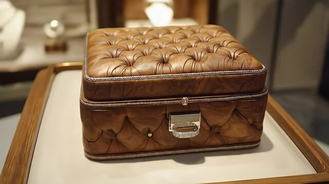 Elegant Brown Leather Jewelry Box with Quilted Pattern and Silver Trim on White Surface in Showcase
