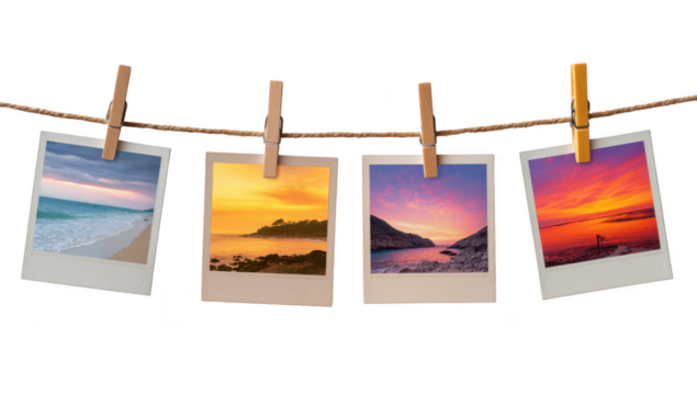 Vacation photo die cut mock up beach view hanging on  
break time concept decoration.