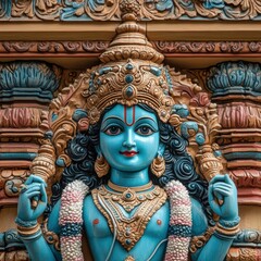 Fototapeta premium Detailed Sculpture of a Figure with Blue Skin and Intricate Carvings