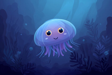 Colorful jellyfish swims in a vibrant underwater scene filled with sea plants and light rays during a serene ocean experience