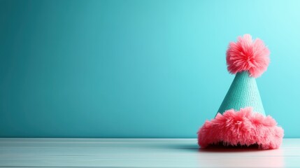 A whimsical party hat adorned with a playful pink pom-pom sits against an aqua background, embodying celebration, joy, and festivity for any cheerful occasion.