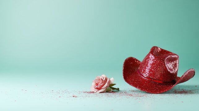 This playful image showcases a sparkling red cowboy hat adorned with a delicate rose, set against a refreshing aqua background, inviting a sense of whimsy.