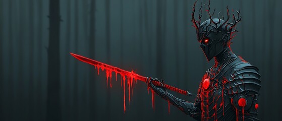 Dark, armored figure in forest with red glowing sword. Eyes and body glow