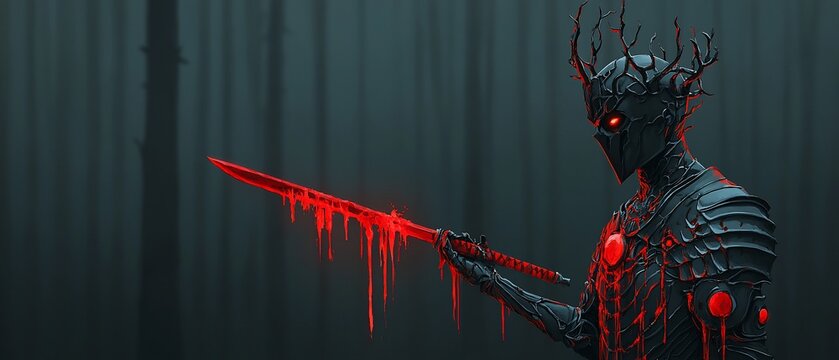 Dark, armored figure in forest with red glowing sword. Eyes and body glow
