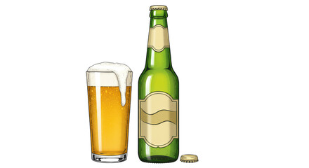 Isolated Beer Bottle and Full Glass of Beer