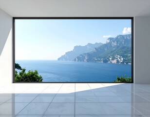 Fototapeta premium Stunning sea view from modern minimalist room with large window, showcasing coastal mountains and tranquil ocean. Ideal for interior design, travel, and real estate.