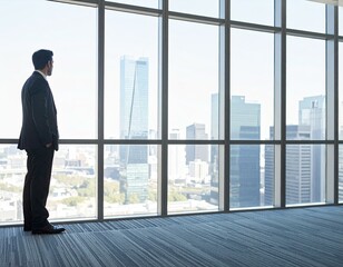 Fototapeta premium Businessman looking at cityscape from modern office window. Image depicts success, ambition, and future prospects.