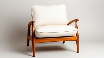 A stylish white chair with wooden arms and clean lines exudes minimalist elegance, showcasing functional design and comfort in contemporary interior aesthetics.