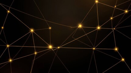 Captivating golden interconnected nodes and lines and luminous points intersecting against a deep black background