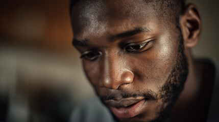 Man in deep thought, looking down with focus. Introspection and quiet determination in a moment of reflection.