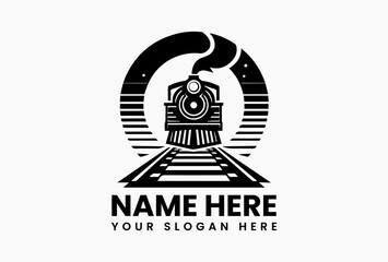 Bold Steam Train on Curve Graphic. Classic Travel  Vector Logo Design © vectorvovdesign