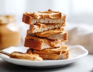 Slices of bread topped with creamy peanut butter arranged on a plate, perfect for breakfast or snack ideas with a tasty twist