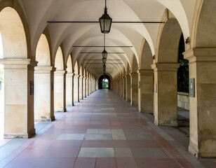 Fototapeta premium Serene arched colonnade pathway. Stone pillars and tiled floor create a peaceful atmosphere. Perfect for travel, architecture, and design projects.