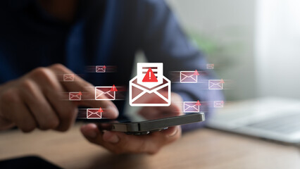 Email inbox with spam virus warning message to alert about internet security threats, spam email...