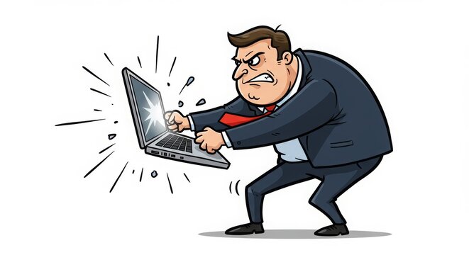 Angry businessman breaking laptop in frustration  