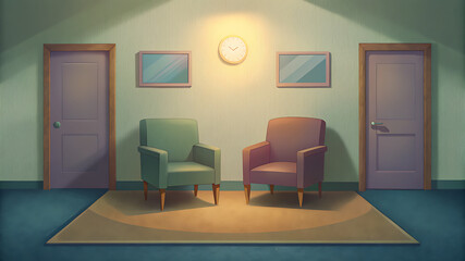 Fototapeta premium Cozy waiting room interior with two chairs and warm inviting decor