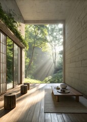 Fototapeta premium Zen interior design with forest view and sunlight streaming through trees