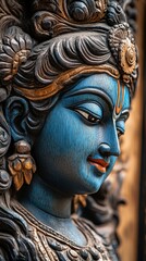 Obraz premium Carved Wooden Face Profile in Blue and Gold with Intricate Details