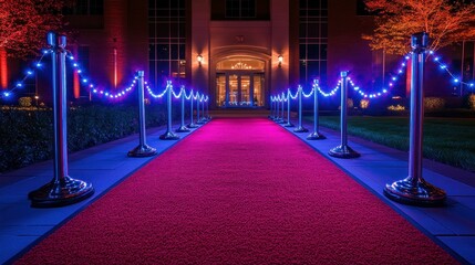Red carpet entrance lit with vibrant blue lights