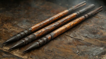 Three ancient, intricately carved wooden implements, resting on a rustic wooden surface.  The tools exhibit a rich, dark,  and  golden brown patina,  and  detailed  carvings.  The tips are sharpened