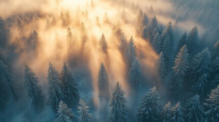 Morning sunrays through foggy snowy forest.