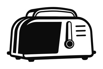 A minimalist of a black and white toaster sits on a white background