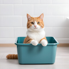 happy Cute cat sitting in litter box and looking sideways shows paw thumbs up, animal care concept