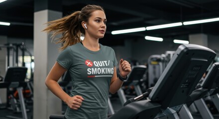 Woman Quit Smoking Fitness Journey:  Healthy Lifestyle Transformation on Treadmill in Modern Gym