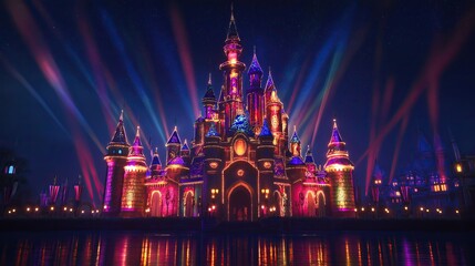 Illuminated fairytale castle at night with spotlights.