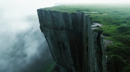 Atmospheric foggy cliff landscape with dark moss.
