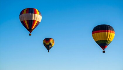 Obraz premium Three vibrant hot air balloons float gracefully against a clear blue sky.