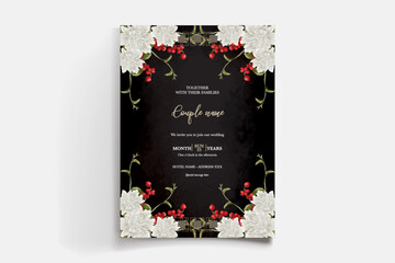 WEDDING INVITATION FRAME WITH FLOWER DECORATIONS AND FRESH LEAVES