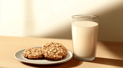 Cookies and milk arranged on a wooden surface in soft natural light create a comforting snack setting at home