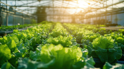 Fresh green lettuce growing in rows inside a sunlit greenhouse, showcasing sustainable agriculture and hydroponic farming with a vibrant and healthy atmosphere.