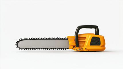Fototapeta premium yellow chainsaw with a black handle and silver blade is displayed against a white background.